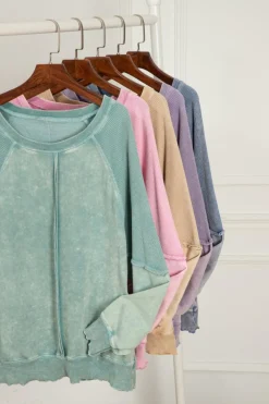 Online Dear-Lover Solid Waffle Knit Patchwork Raglan Sleeve Sweatshirt Sail Blue