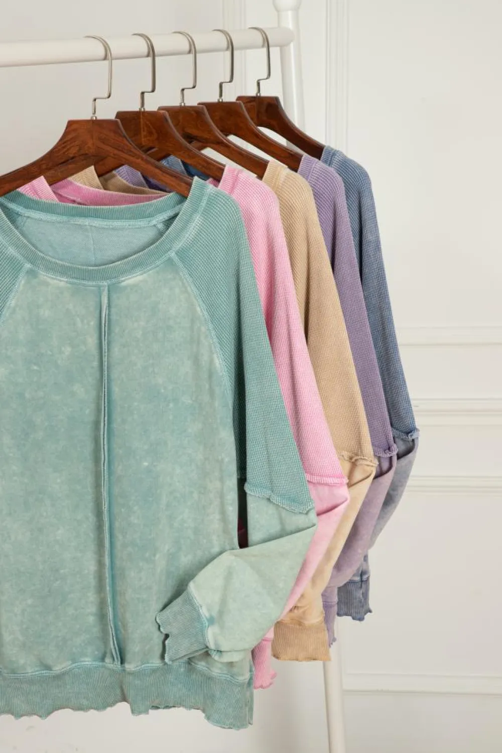 Online Dear-Lover Solid Waffle Knit Patchwork Raglan Sleeve Sweatshirt Sail Blue