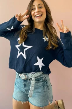 Discount Dear-Lover Star Pattern Drop Shoulder Knitted Sweater Sail Blue
