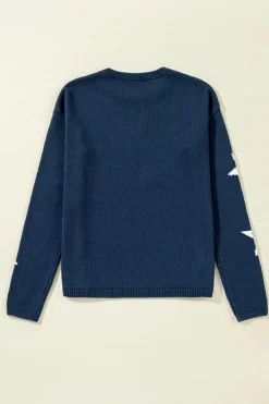 Discount Dear-Lover Star Pattern Drop Shoulder Knitted Sweater Sail Blue