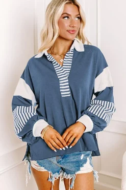 Best Dear-Lover Striped Colorblock Patchwork Collar Sweatshirt Sail Blue