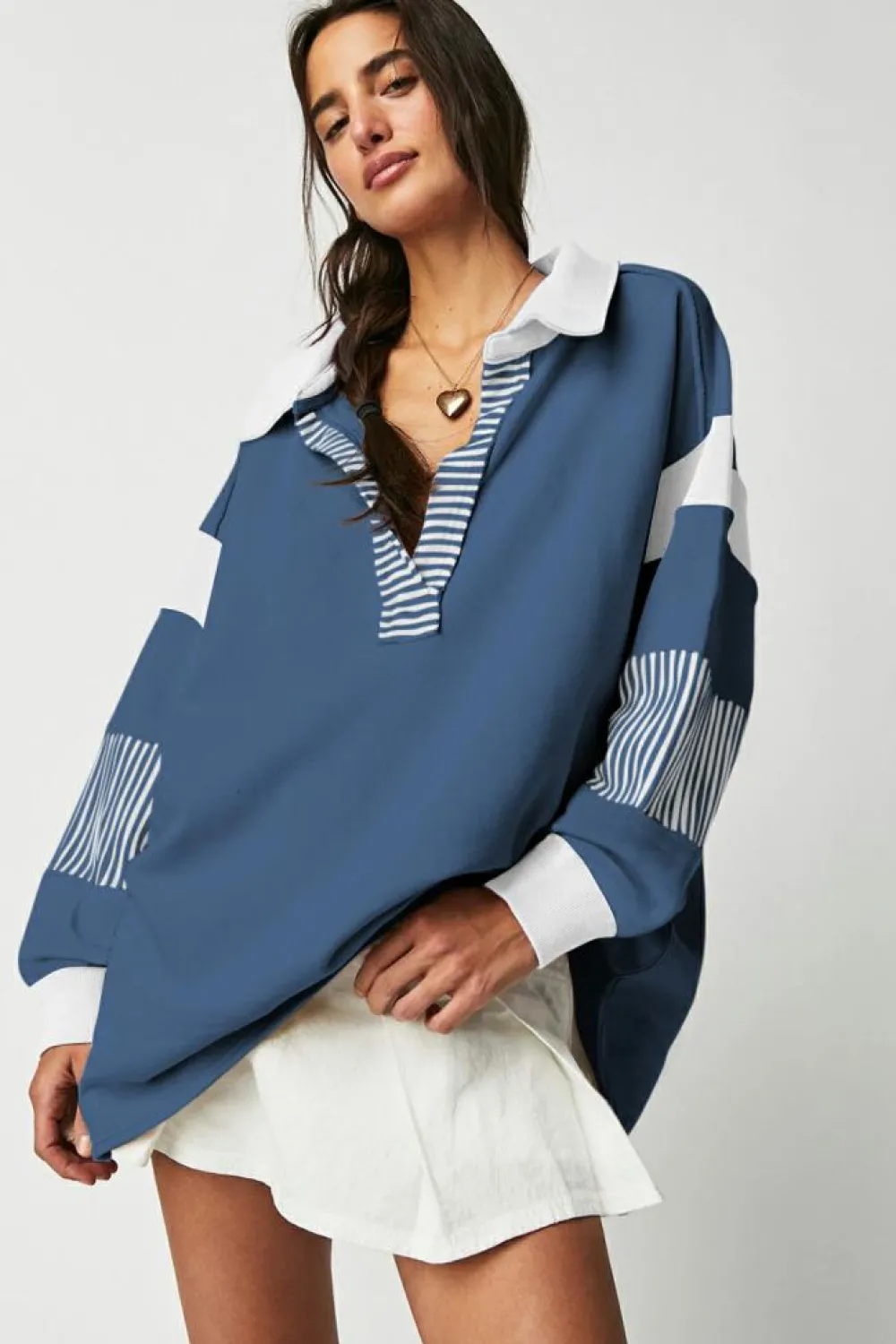 Best Dear-Lover Striped Colorblock Patchwork Collar Sweatshirt Sail Blue