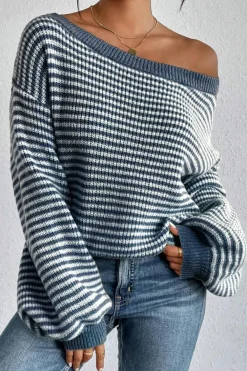 Sale Dear-Lover Striped Lantern Sleeve Drop Shoulder Cozy Sweater Sail Blue