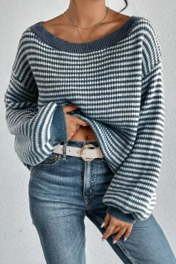 Sale Dear-Lover Striped Lantern Sleeve Drop Shoulder Cozy Sweater Sail Blue