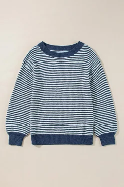 Sale Dear-Lover Striped Lantern Sleeve Drop Shoulder Cozy Sweater Sail Blue