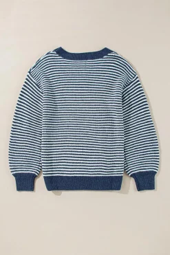 Sale Dear-Lover Striped Lantern Sleeve Drop Shoulder Cozy Sweater Sail Blue