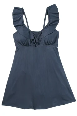 Online Dear-Lover Textured Ruffle Trim V Neck Sleeveless One Piece Flared Swimdress Sail Blue
