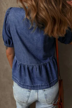 Discount Dear-Lover Tied Front Bubble Sleeve Peplum Denim Shirt Sail Blue