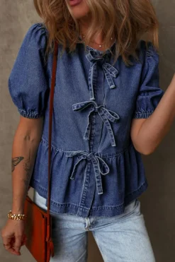Discount Dear-Lover Tied Front Bubble Sleeve Peplum Denim Shirt Sail Blue