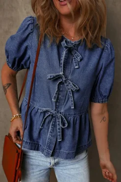 Discount Dear-Lover Tied Front Bubble Sleeve Peplum Denim Shirt Sail Blue