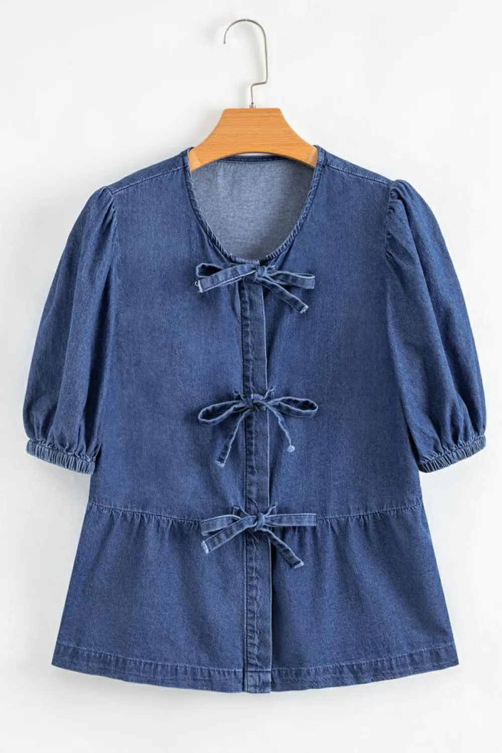 Discount Dear-Lover Tied Front Bubble Sleeve Peplum Denim Shirt Sail Blue