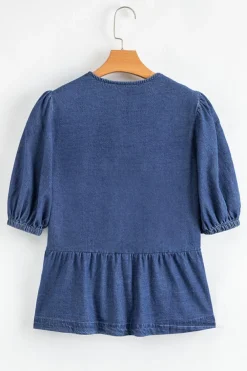 Discount Dear-Lover Tied Front Bubble Sleeve Peplum Denim Shirt Sail Blue