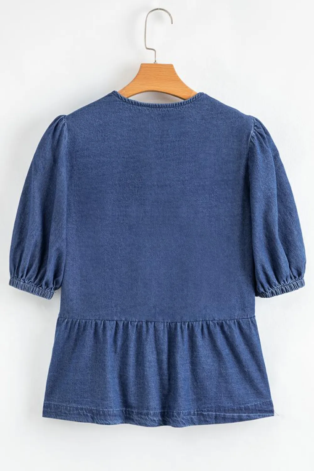 Discount Dear-Lover Tied Front Bubble Sleeve Peplum Denim Shirt Sail Blue