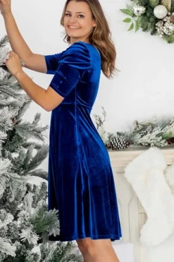 Fashion Dear-Lover Velvet Ruched Short Sleeve Pocketed Mini Dress Sail Blue