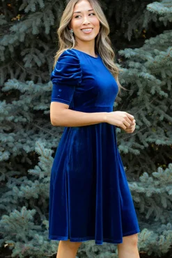 Fashion Dear-Lover Velvet Ruched Short Sleeve Pocketed Mini Dress Sail Blue