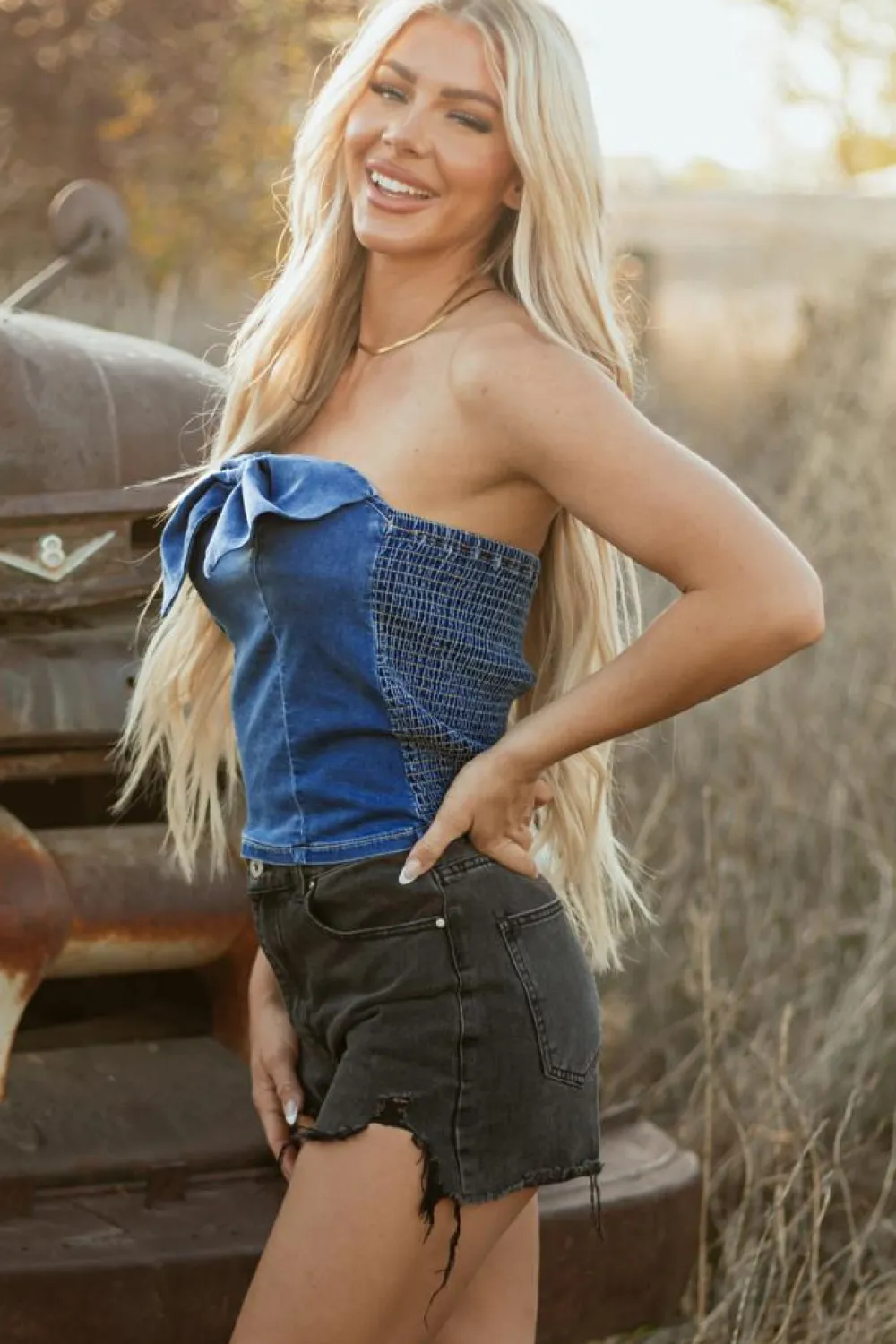 Clearance Dear-Lover Vintage Bow Front Smocked Back Denim Tube Top Sail Blue