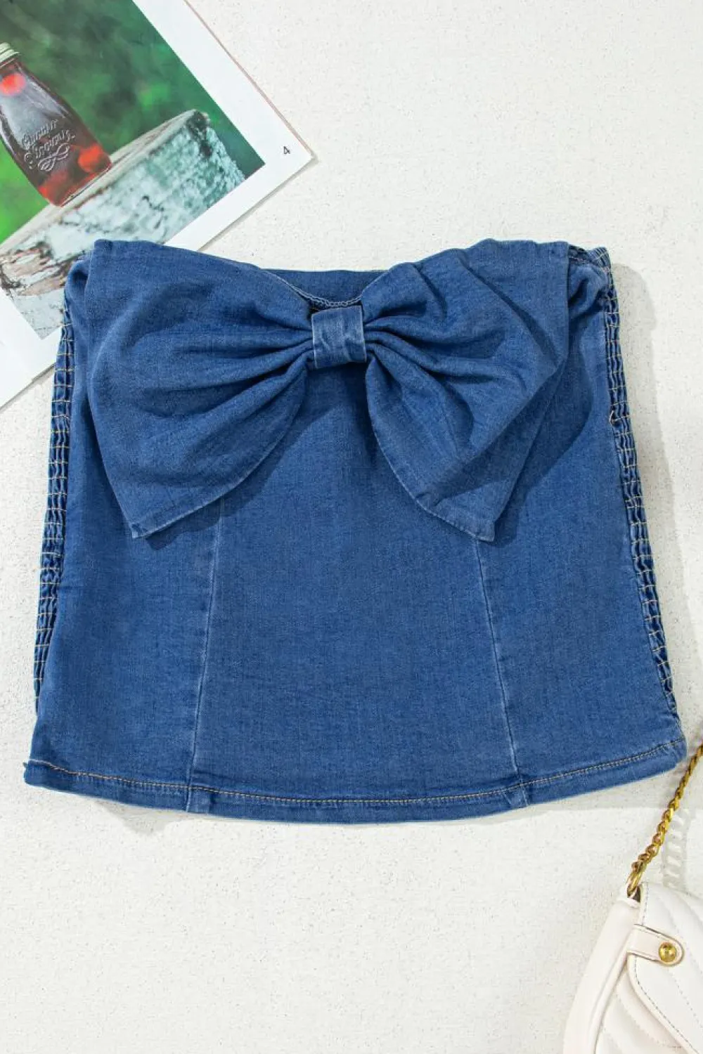 Clearance Dear-Lover Vintage Bow Front Smocked Back Denim Tube Top Sail Blue