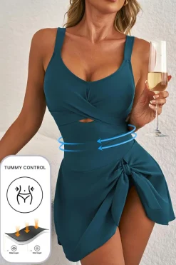 Best Dear-Lover Adjustable Straps Cutout Ruched Knot Slit One Piece Swim Dress Sea Green