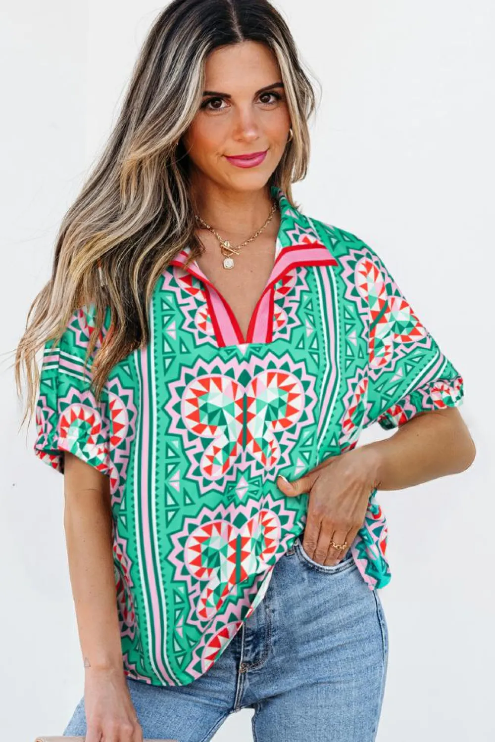 Outlet Dear-Lover Boho Abstract Print Contrast Striped Collared V Neck Blouse Sea Green