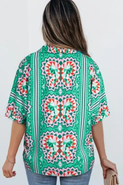 Outlet Dear-Lover Boho Abstract Print Contrast Striped Collared V Neck Blouse Sea Green