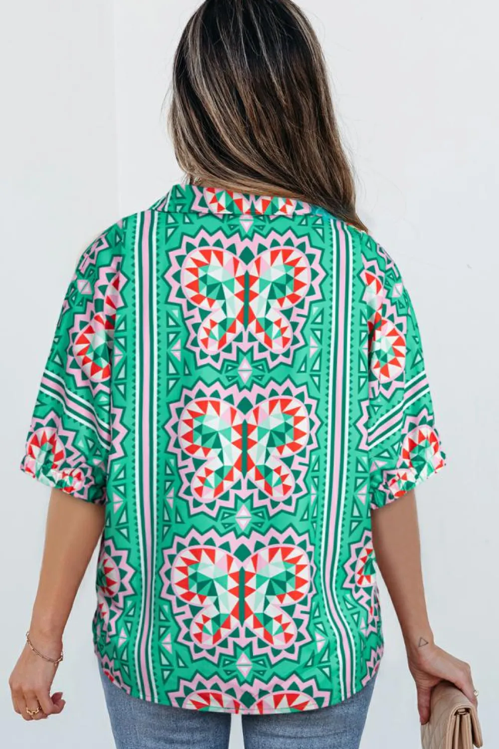 Outlet Dear-Lover Boho Abstract Print Contrast Striped Collared V Neck Blouse Sea Green
