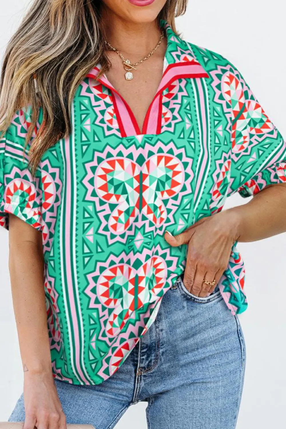 Outlet Dear-Lover Boho Abstract Print Contrast Striped Collared V Neck Blouse Sea Green