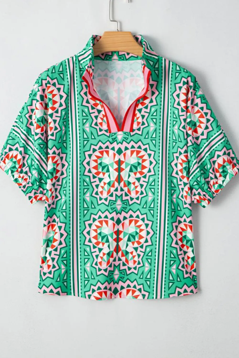 Outlet Dear-Lover Boho Abstract Print Contrast Striped Collared V Neck Blouse Sea Green