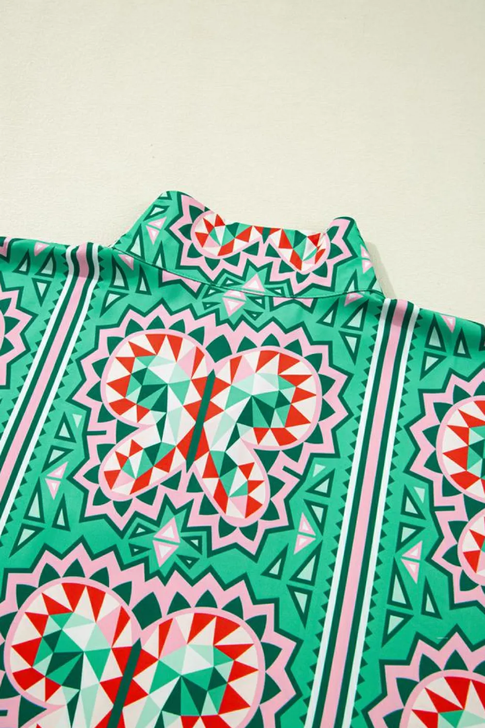 Outlet Dear-Lover Boho Abstract Print Contrast Striped Collared V Neck Blouse Sea Green