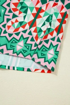 Outlet Dear-Lover Boho Abstract Print Contrast Striped Collared V Neck Blouse Sea Green