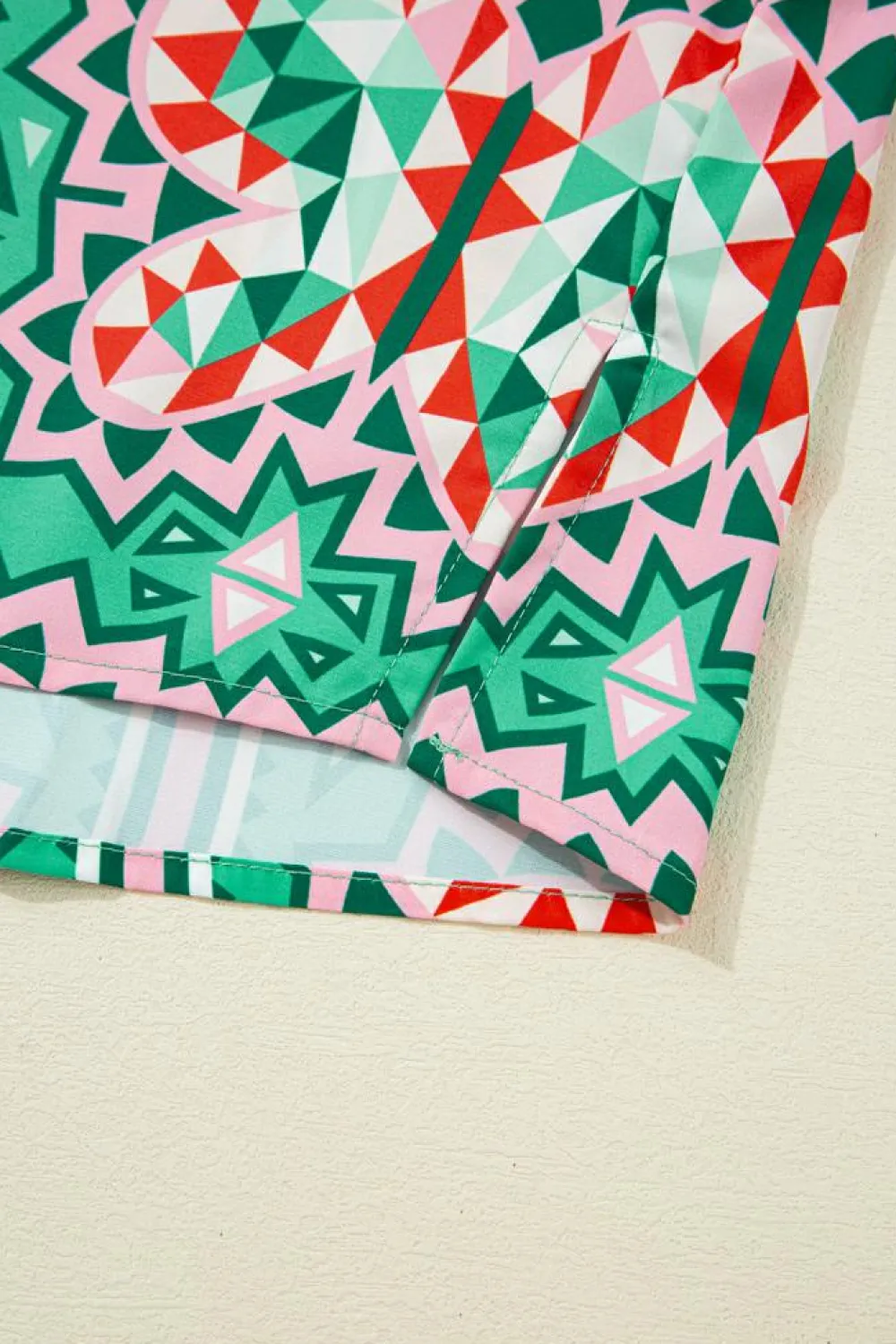 Outlet Dear-Lover Boho Abstract Print Contrast Striped Collared V Neck Blouse Sea Green