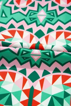 Outlet Dear-Lover Boho Abstract Print Contrast Striped Collared V Neck Blouse Sea Green