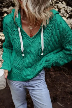 Discount Dear-Lover Cable Knit V Neck Contrast Drawstring Hooded Sweater Sea Green