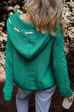 Discount Dear-Lover Cable Knit V Neck Contrast Drawstring Hooded Sweater Sea Green