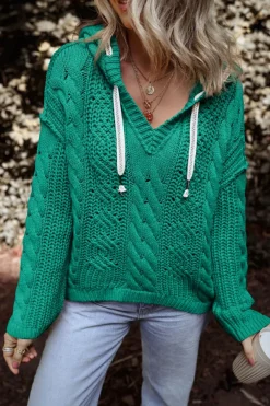 Discount Dear-Lover Cable Knit V Neck Contrast Drawstring Hooded Sweater Sea Green