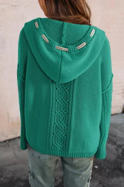 Discount Dear-Lover Cable Knit V Neck Contrast Drawstring Hooded Sweater Sea Green
