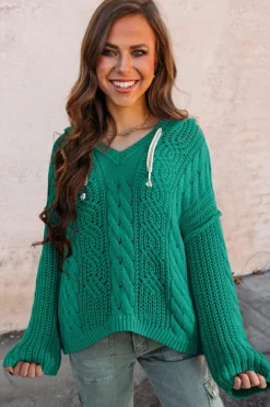 Discount Dear-Lover Cable Knit V Neck Contrast Drawstring Hooded Sweater Sea Green