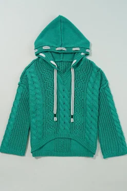 Discount Dear-Lover Cable Knit V Neck Contrast Drawstring Hooded Sweater Sea Green