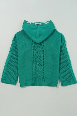 Discount Dear-Lover Cable Knit V Neck Contrast Drawstring Hooded Sweater Sea Green