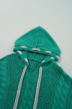 Discount Dear-Lover Cable Knit V Neck Contrast Drawstring Hooded Sweater Sea Green