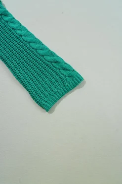 Discount Dear-Lover Cable Knit V Neck Contrast Drawstring Hooded Sweater Sea Green
