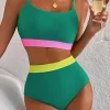 New Dear-Lover Contrast Trim Colorblock Patchwork High Waisted Bikini Sea Green