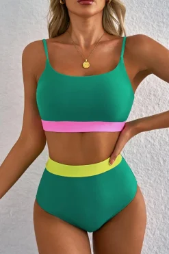 New Dear-Lover Contrast Trim Colorblock Patchwork High Waisted Bikini Sea Green