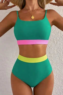 New Dear-Lover Contrast Trim Colorblock Patchwork High Waisted Bikini Sea Green