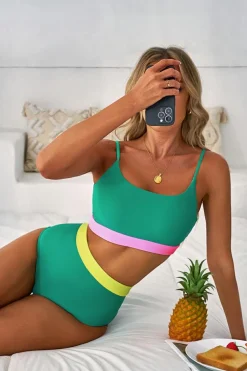 New Dear-Lover Contrast Trim Colorblock Patchwork High Waisted Bikini Sea Green