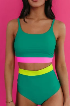 New Dear-Lover Contrast Trim Colorblock Patchwork High Waisted Bikini Sea Green