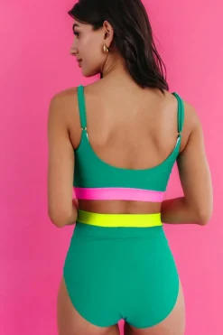 New Dear-Lover Contrast Trim Colorblock Patchwork High Waisted Bikini Sea Green