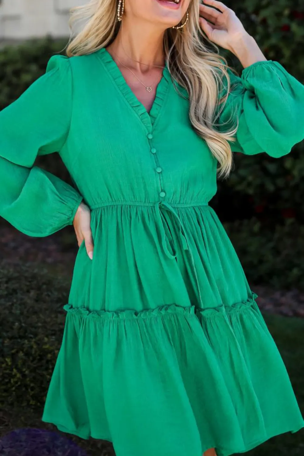 New Dear-Lover Frilly V Neck Puff Sleeve Drawstring Shift Mini Dress Sea Green