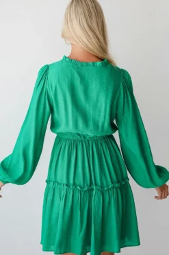 New Dear-Lover Frilly V Neck Puff Sleeve Drawstring Shift Mini Dress Sea Green