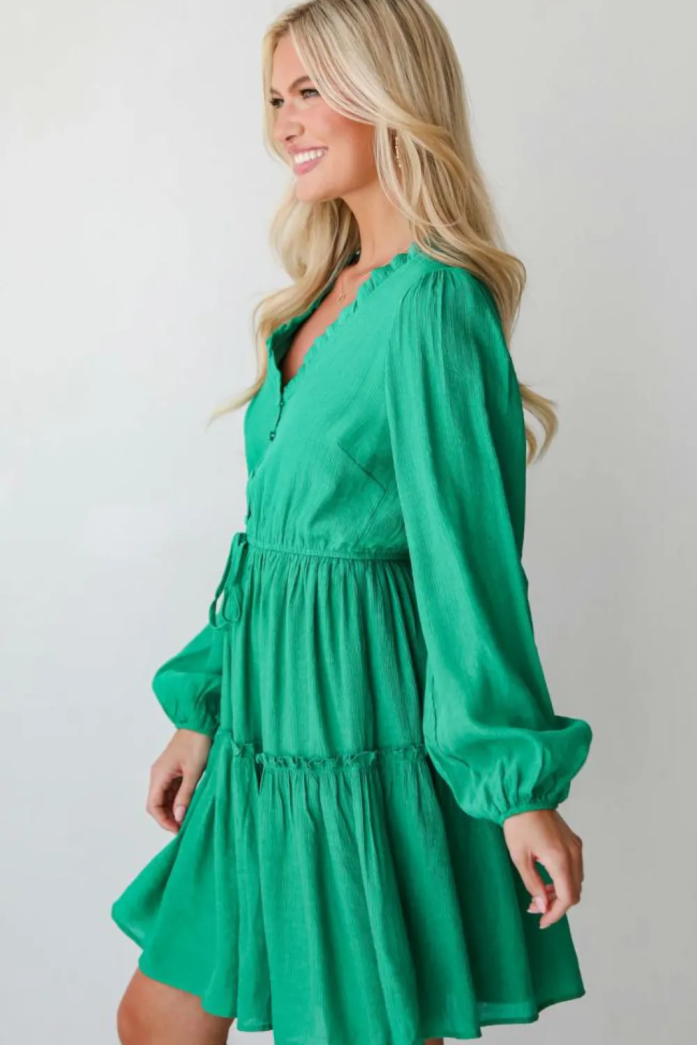 New Dear-Lover Frilly V Neck Puff Sleeve Drawstring Shift Mini Dress Sea Green