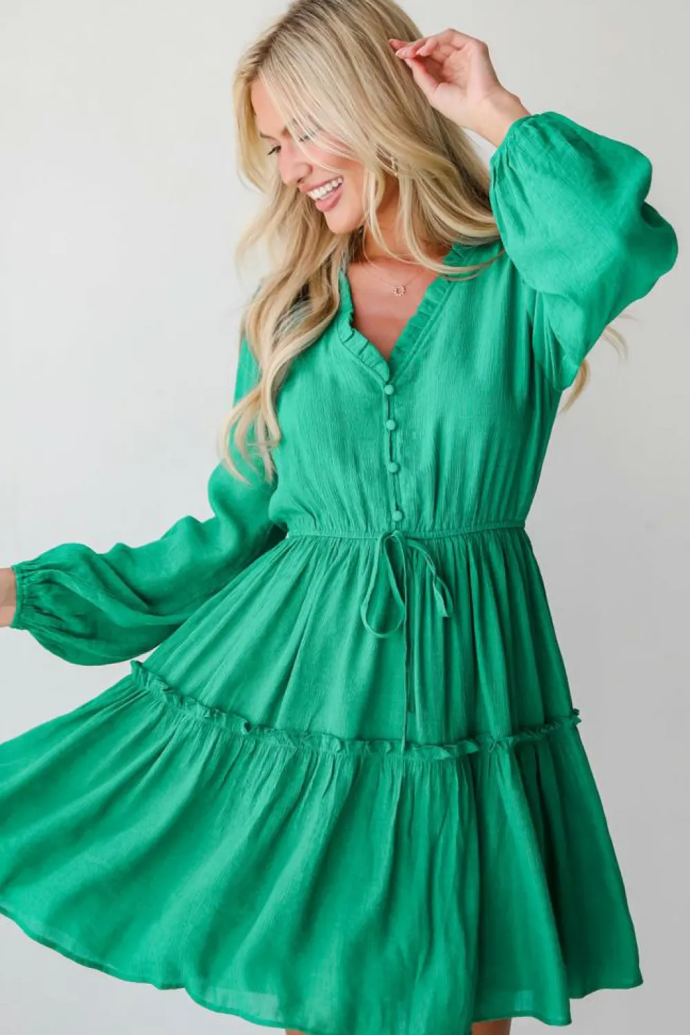 New Dear-Lover Frilly V Neck Puff Sleeve Drawstring Shift Mini Dress Sea Green